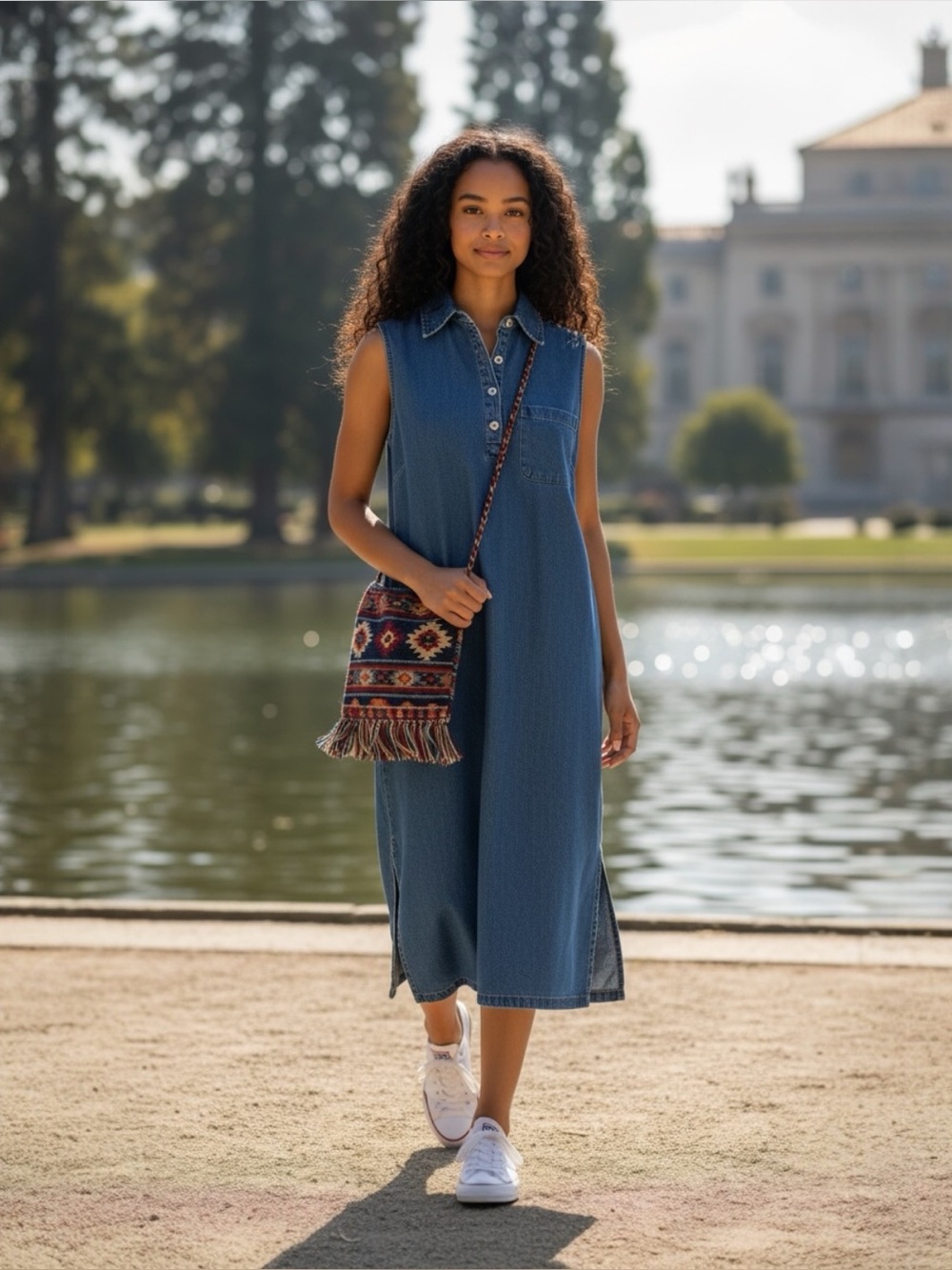 Directives Sleeveless Collared Blue Denim Maxi Dress Size Medium